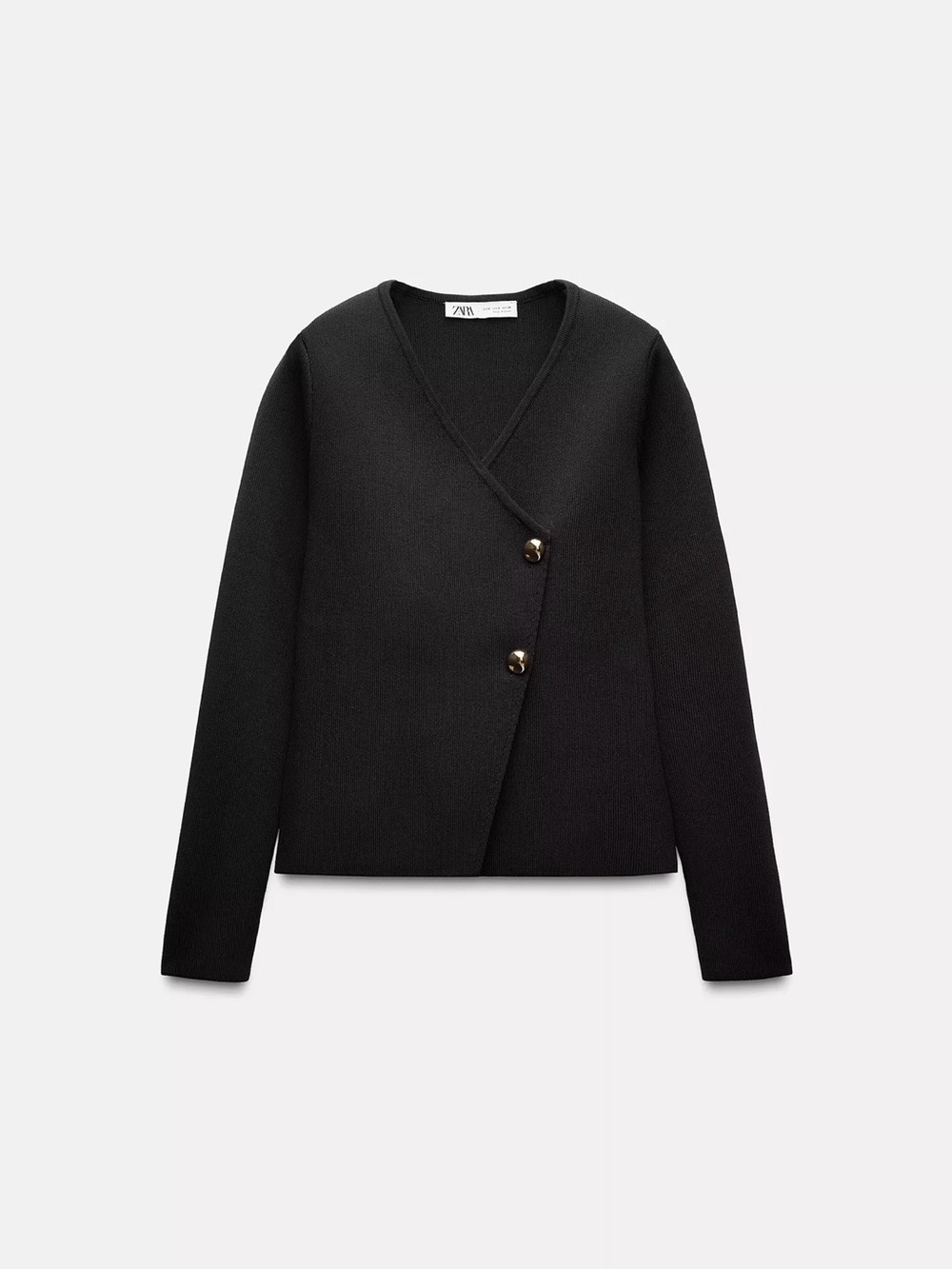Zara Black Asymmetric V-Neck Button Knit Sweater